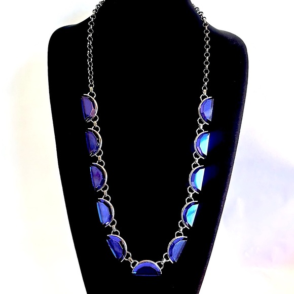 COLDWATER CREEK Vibrant Blue Glass Half Moon Long Silver Necklace NWT - Picture 1 of 10